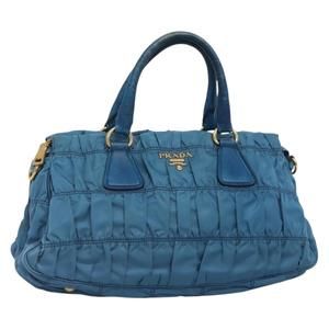 PRADA Tote Bag Nylon Blue Gold Auth PP892
